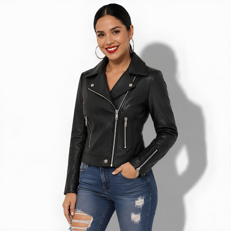 Veste en cuir courte pour femme en cuir d'agneau style perfecto