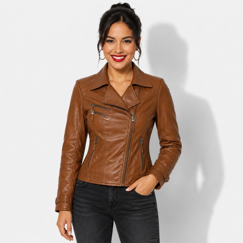 Veste en simili cuir marron pour femme style perfecto