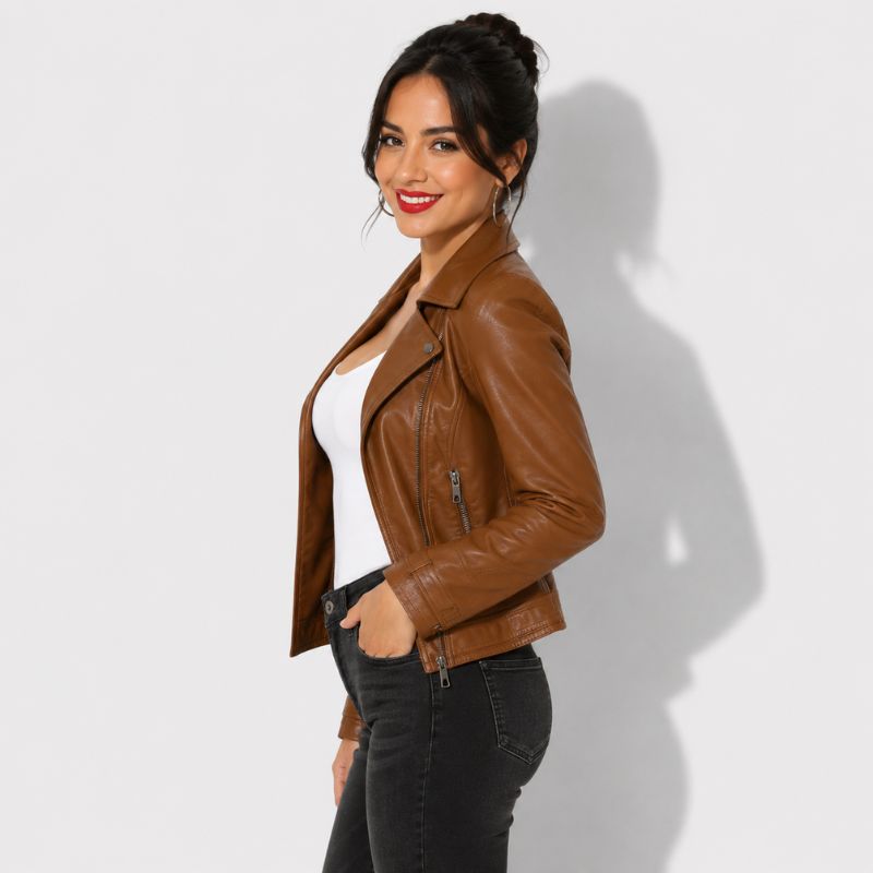 Veste en simili cuir marron pour femme style perfecto