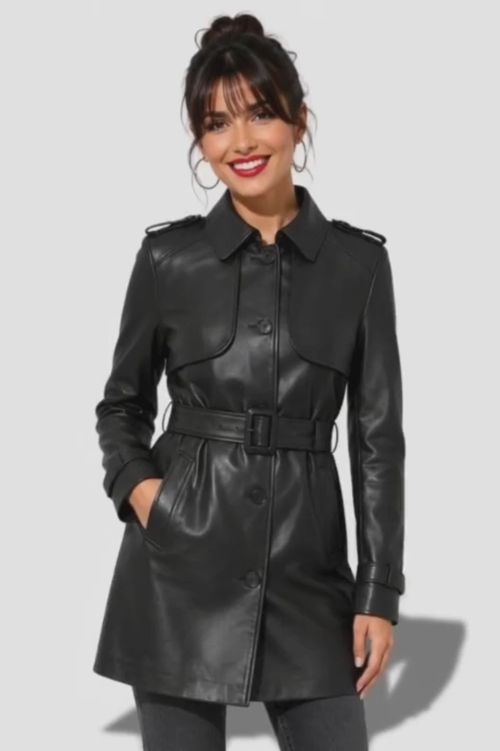 Longue veste en cuir femme style trench avec ceinture