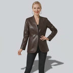 Veste en cuir Marron femme mi longue pour le primptemps