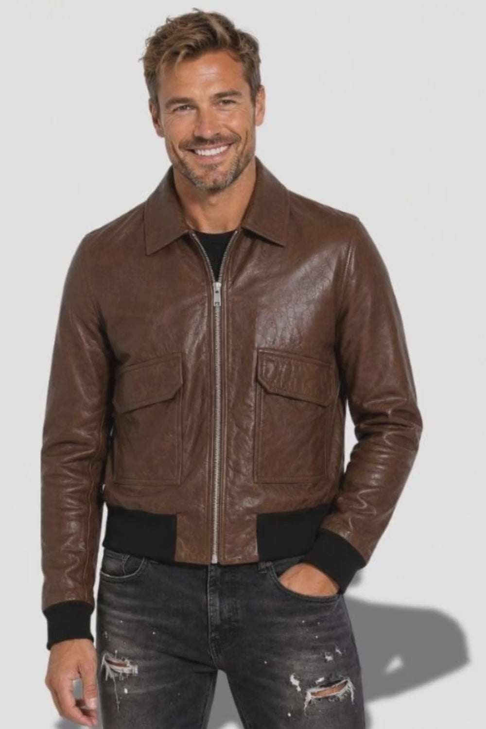 Veste en cuir marron homme en cuir de vachette avec col chemise