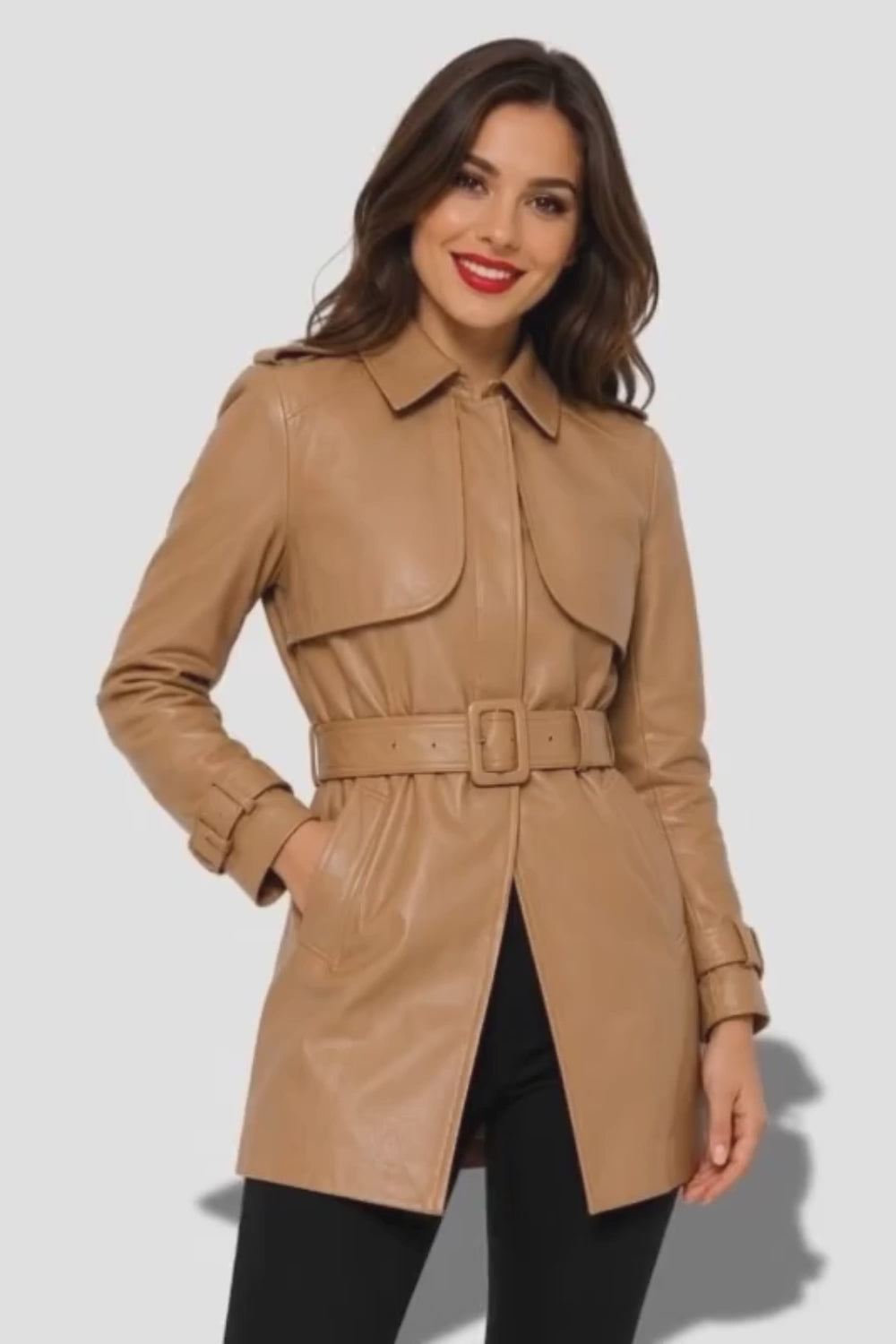 Veste en cuir longue pour femme avec ceinture 