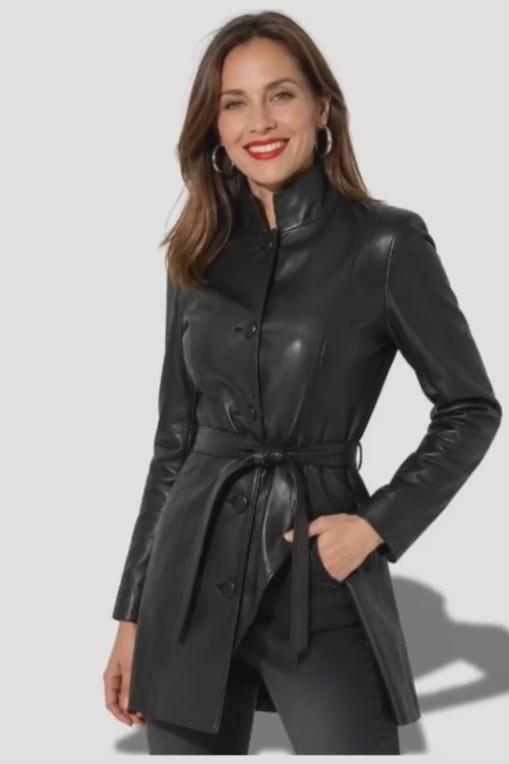 Veste longue en cuir noir our femme en cuir d'agneau véritable avec ceinture