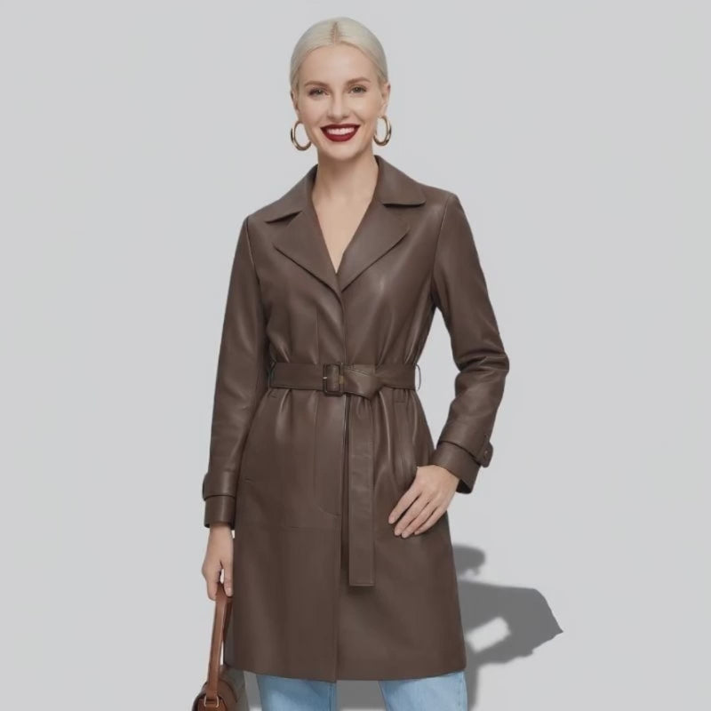 Veste en cuir 3/4 marron avec ceinture pour femme