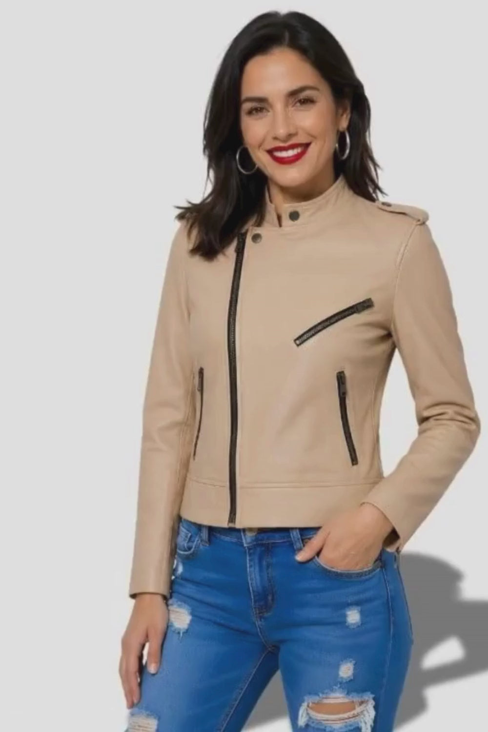 Veste en cuir beige pour femme style perfecto biker