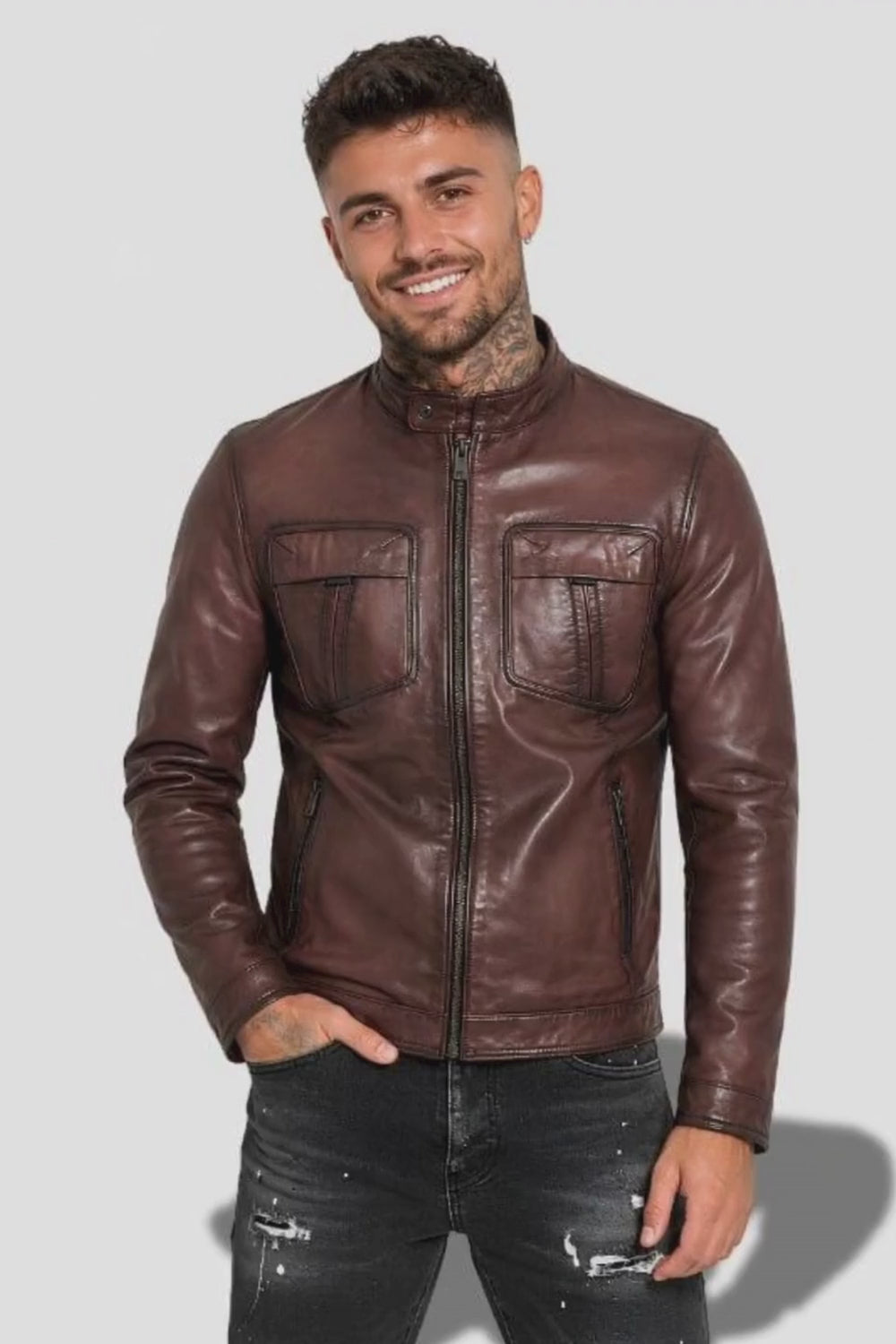 Veste en cuir pour homme marron avec poche sur la poitrine et col rond, en cuir de vachette véritable