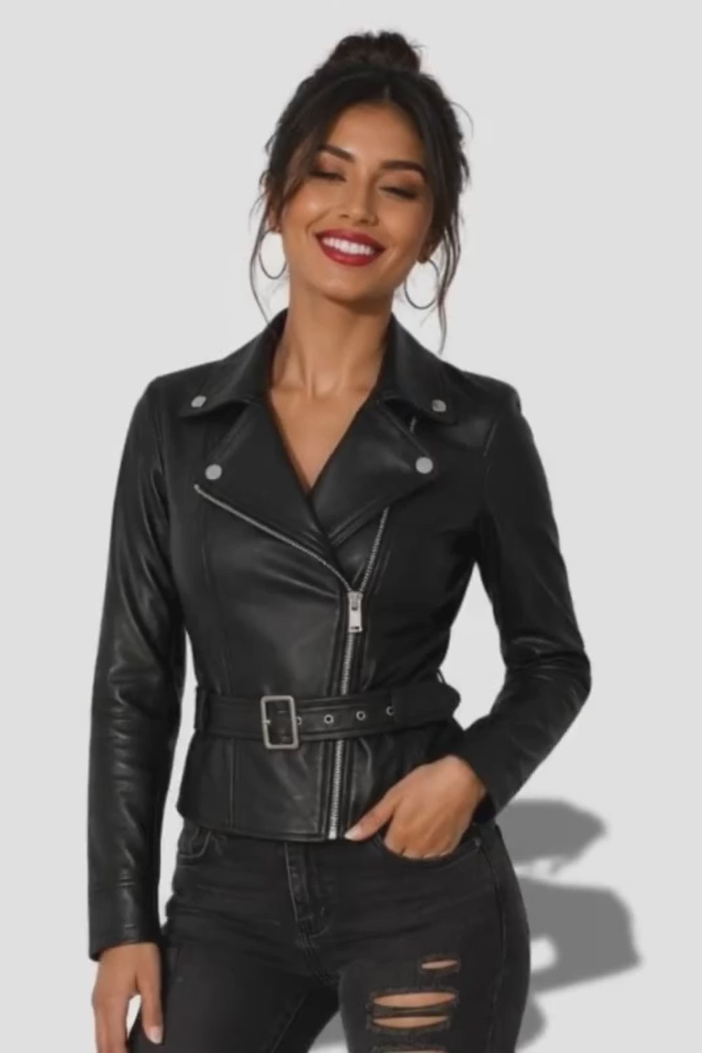 Veste noir en cuir pour femme avec ceinture style perfecto en cuir d'agneau véritable