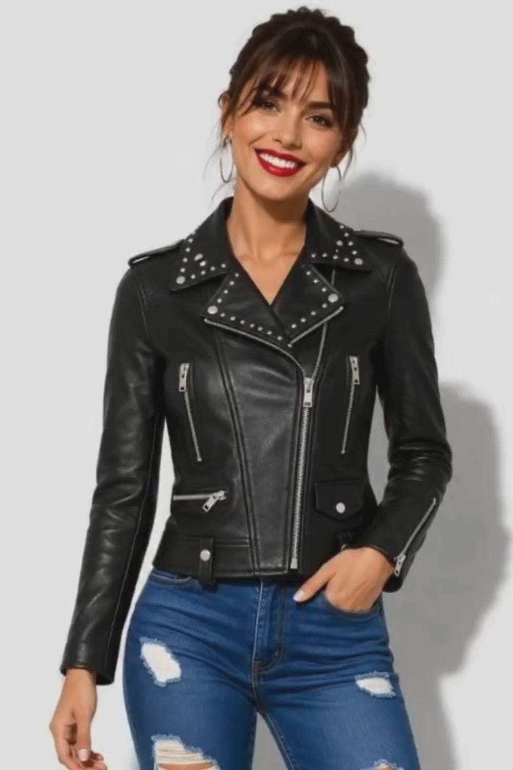Veste en cuir noir femme perfecto clouté en cuir d'agneau