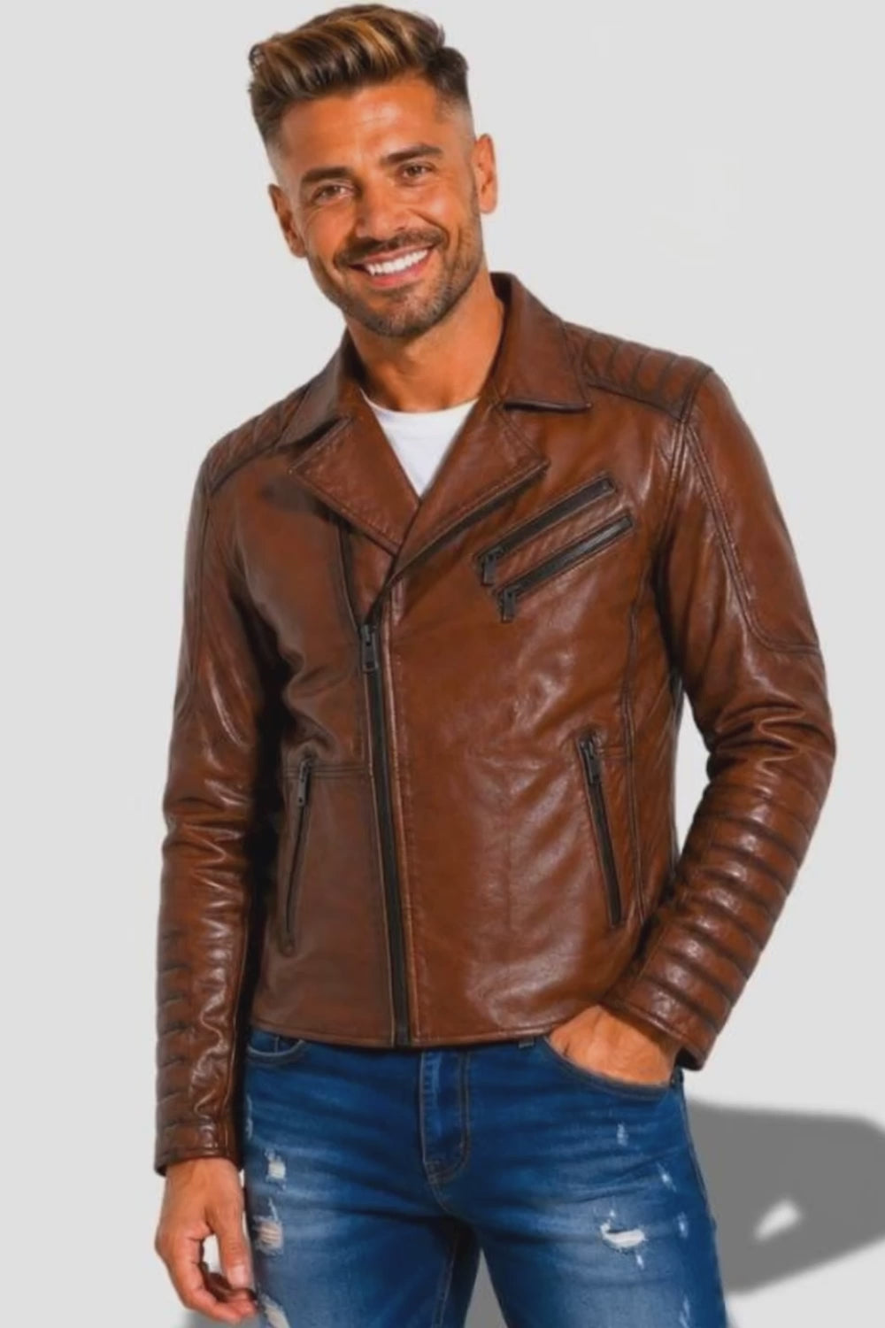 Veste en cuir marron claire homme en cuir d'agneau ciré luxueuse