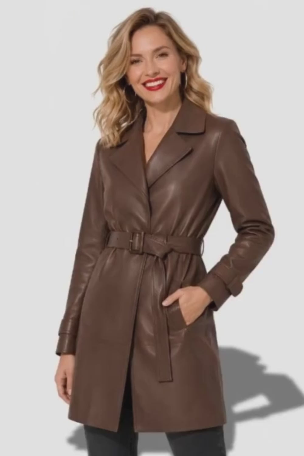 Veste en cuir 3/4 Mrron avec ceinture pour femme