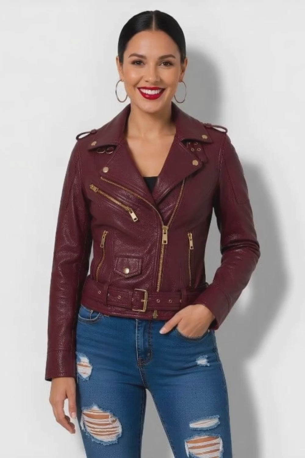 Veste en cuir bordeaux pour femme perfecto en cuir véritable