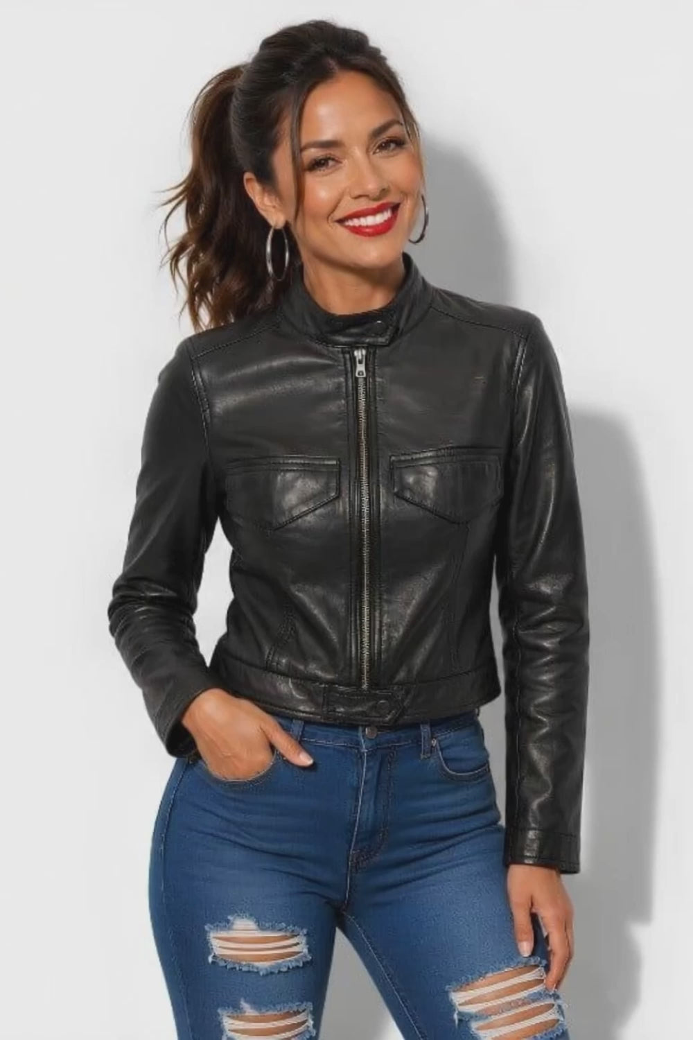 Veste en cuir femme noir style biker rétro vintage