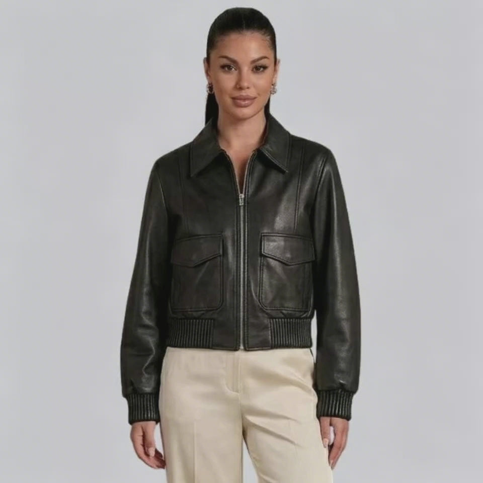Veste en cuir femme noir style rétro vingtage