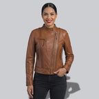Une veste en cuir femme marron clair cintrée élégante en cuir véritable