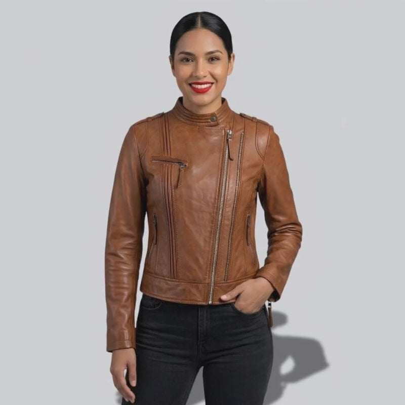 Une veste en cuir femme marron clair cintrée élégante en cuir véritable