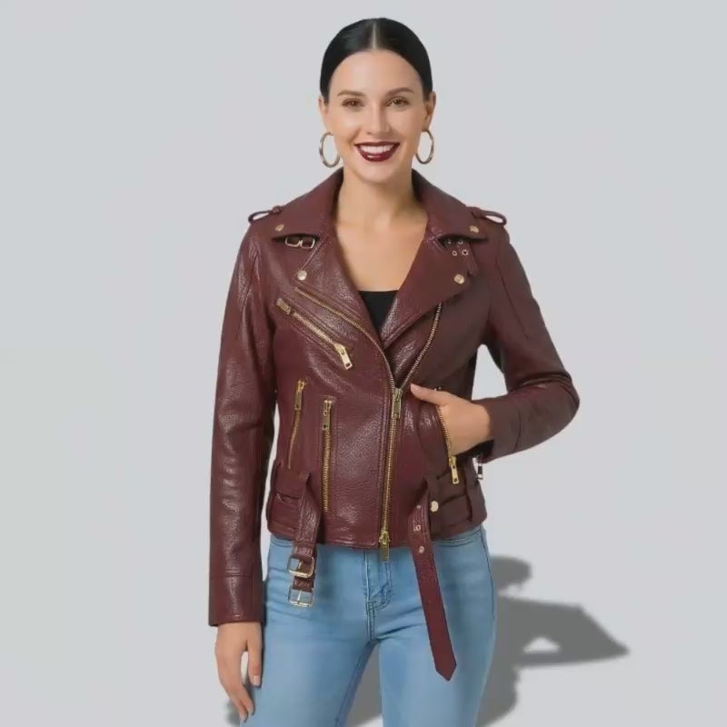 Veste en cuir bordeaux pour femme style perfecto en cuir de mouton