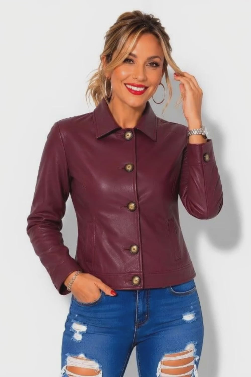Veste en cuir bordeaux pour femme avec boutons et cl chemise