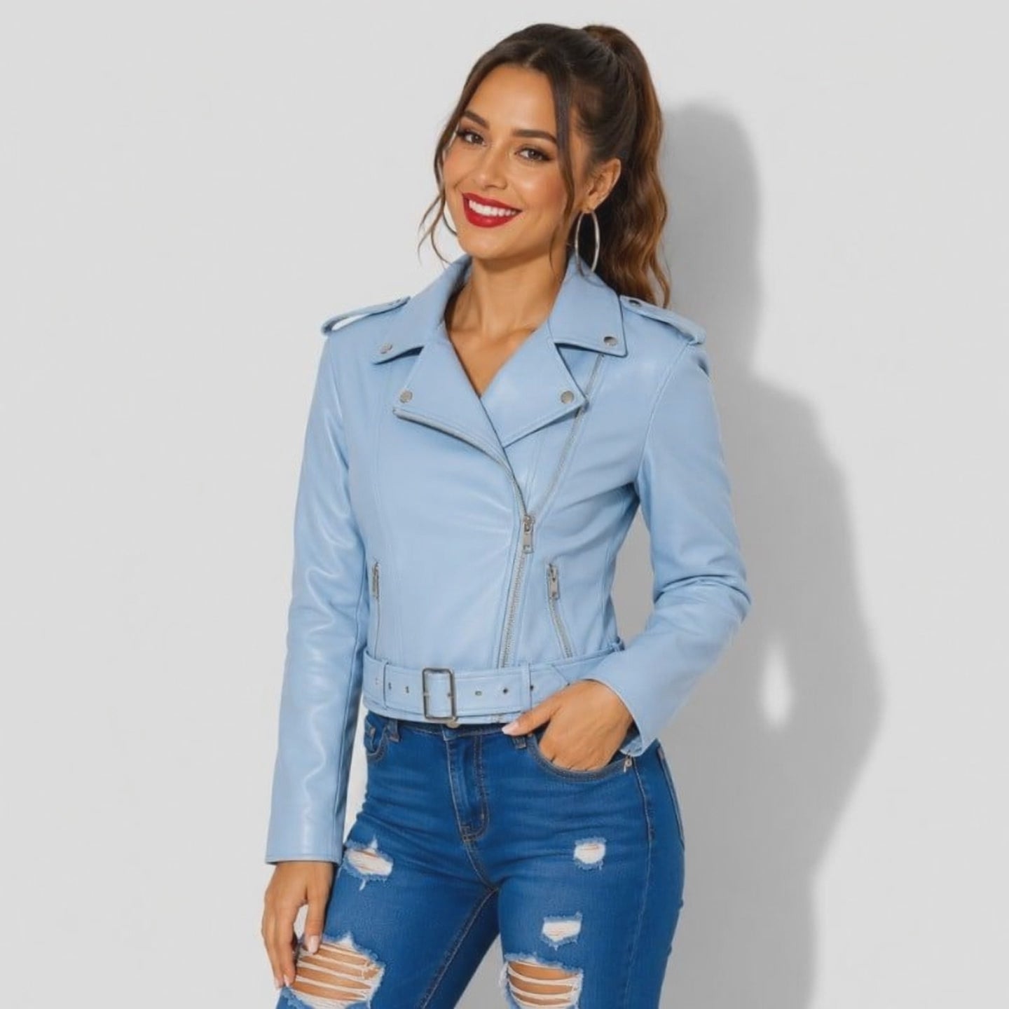 Veste en simili cuir femme bleu ciel style perfecto avec ceinture