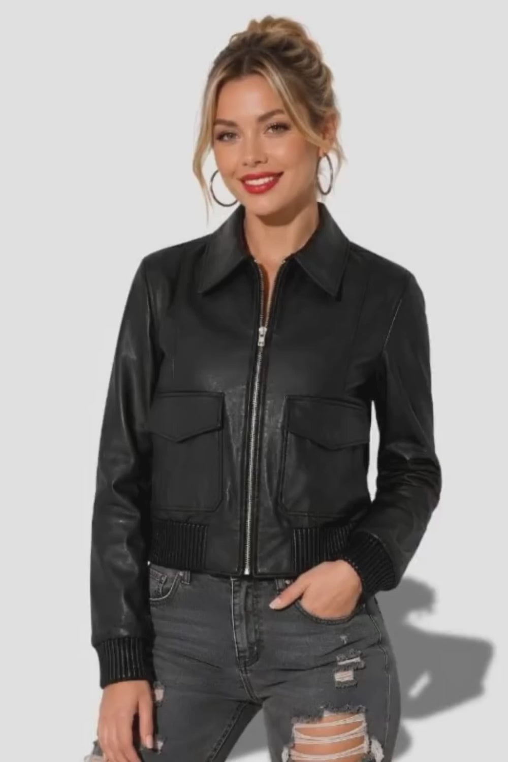 Veste courte en cuir pour femme avec col chemise et en cuir g'agneau 