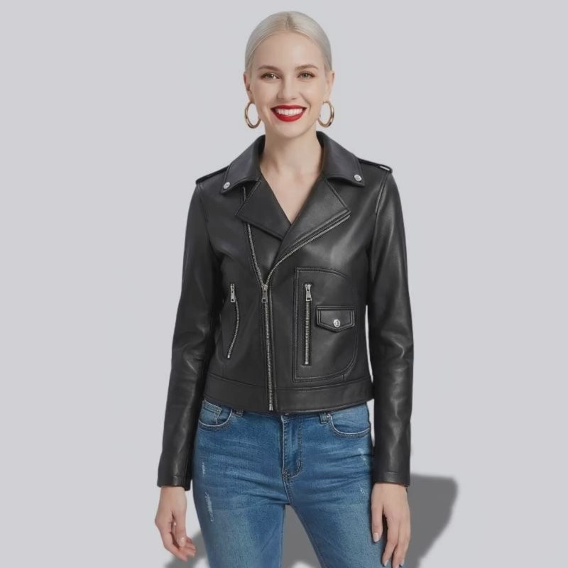Veste noire en cuir pour femme style perfecto biker