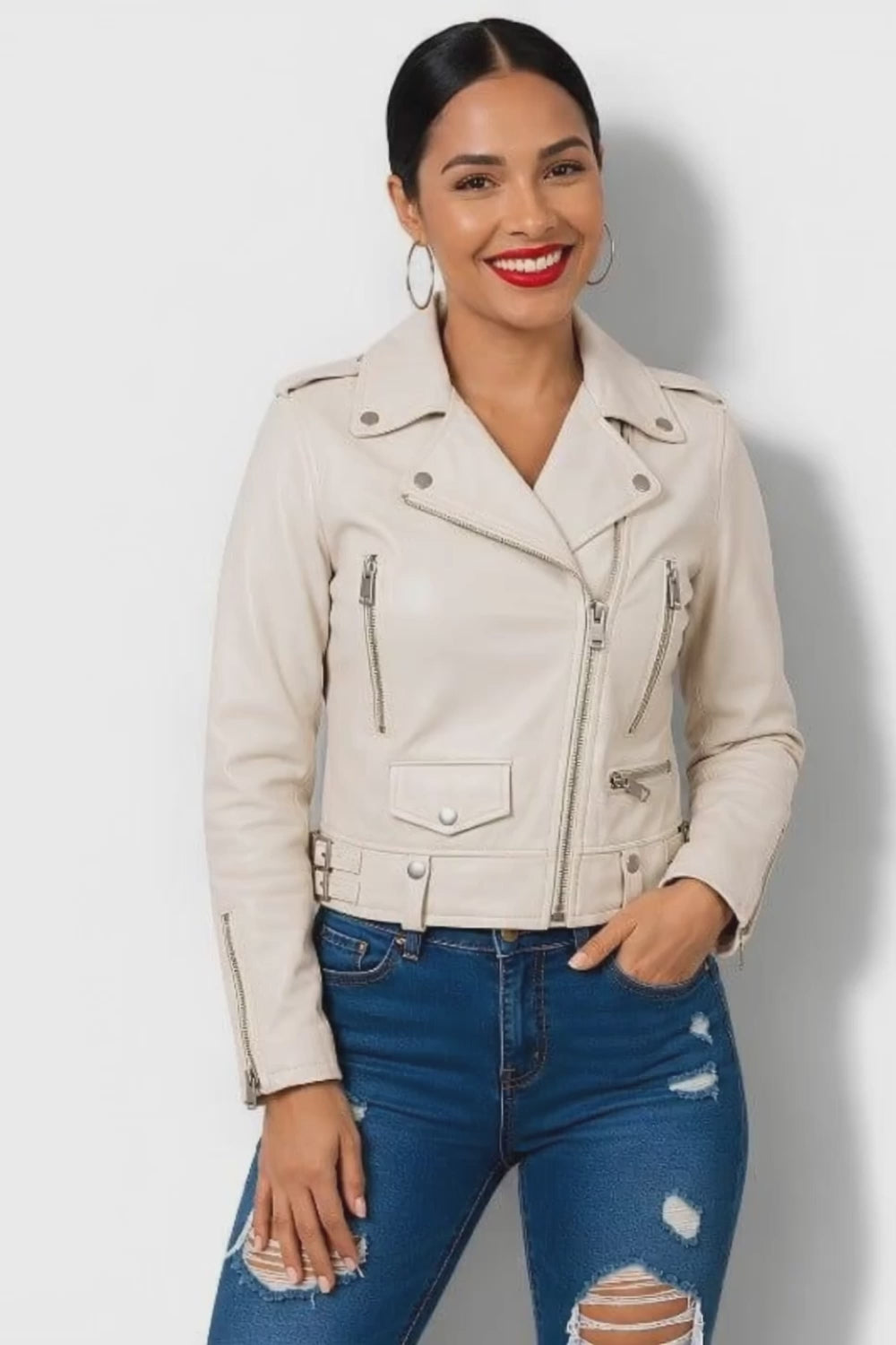 Veste en cuir beige pour femme style perfecto biker
