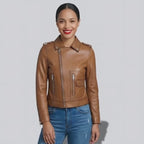 Magnifique veste en cuir marron pour femme avec col chemise et fermetures a zip