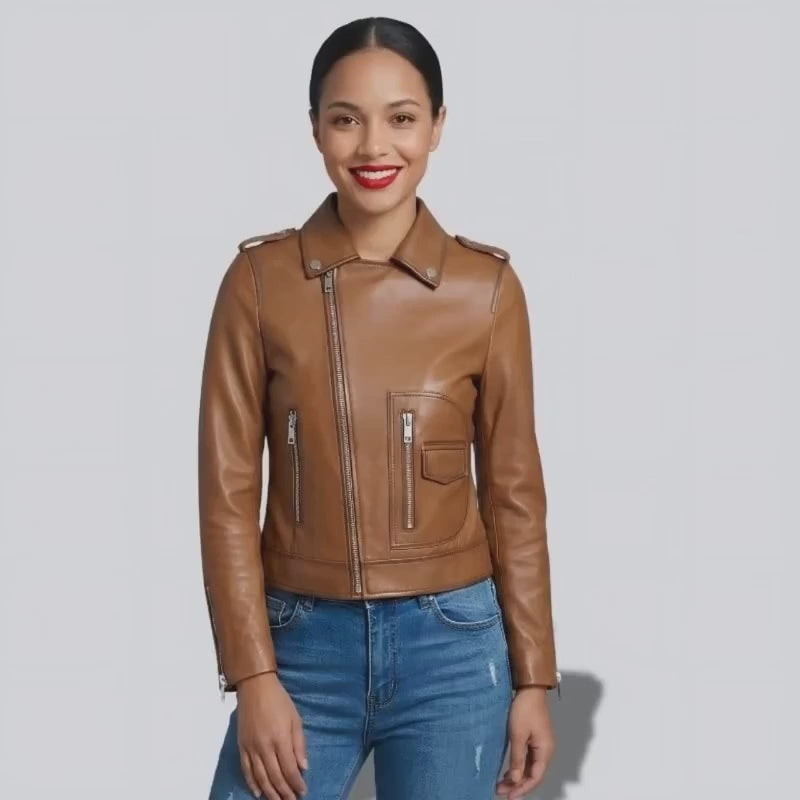 Magnifique veste en cuir marron pour femme avec col chemise et fermetures a zip