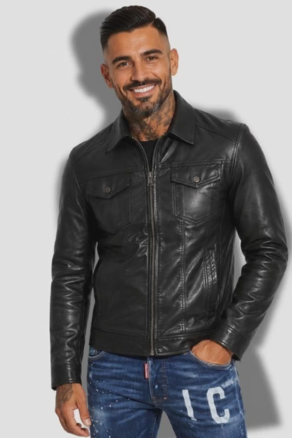 veste en faux cuir pour homme noir avec col chemise et poches plates sur la poitrine