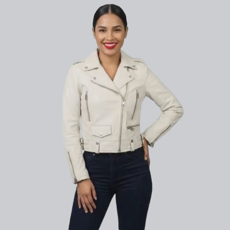 Veste en cuir beige pour femme style perfecto biker