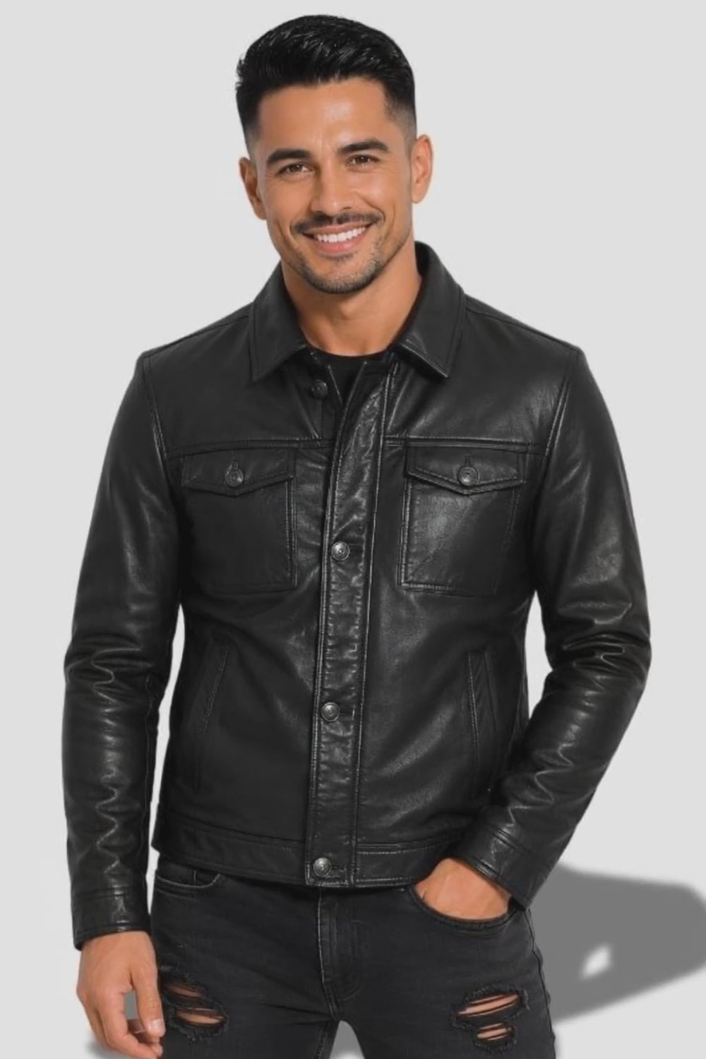 Veste en cuir noire pour homme en cuir de vachette ciré avec col chemise et poche sur la poitrine