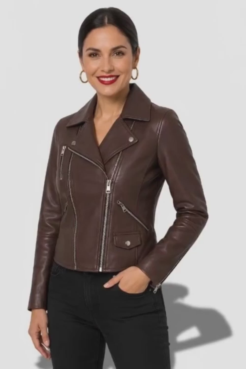 Veste femme en cuir marron style perfecto en cuir d'agneau véritable