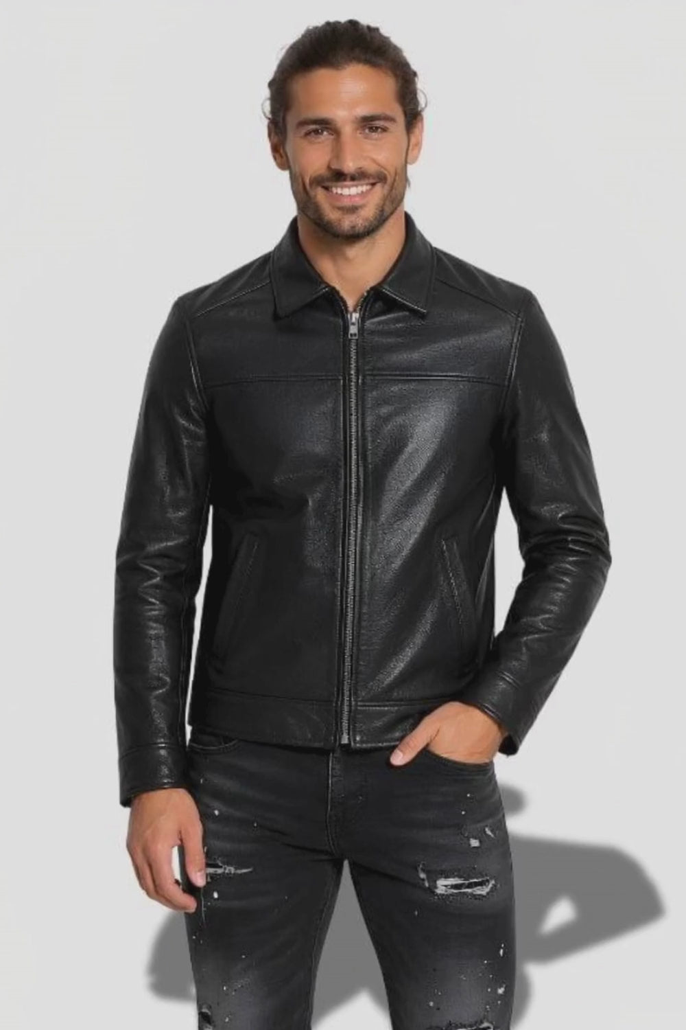 Veste noir en cuir homme avec col chemise et en cuir de vachette véritable