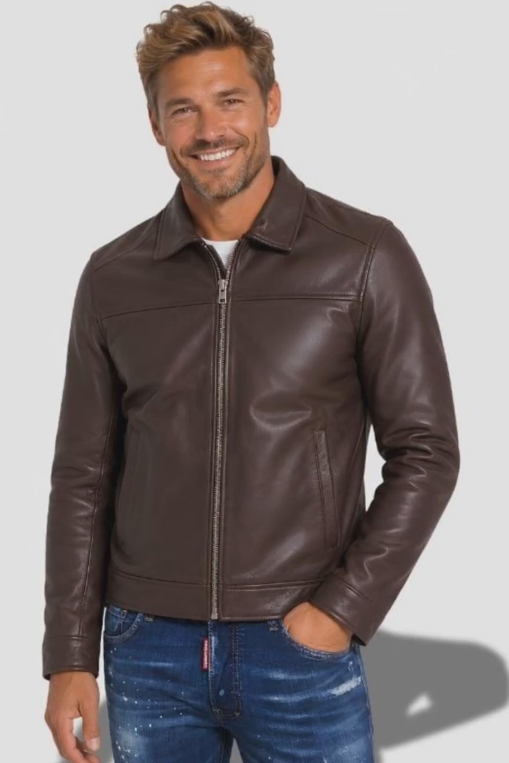 Veste en cuir marron foncé pour homme avec col chemise et en cuir de vachette véritable