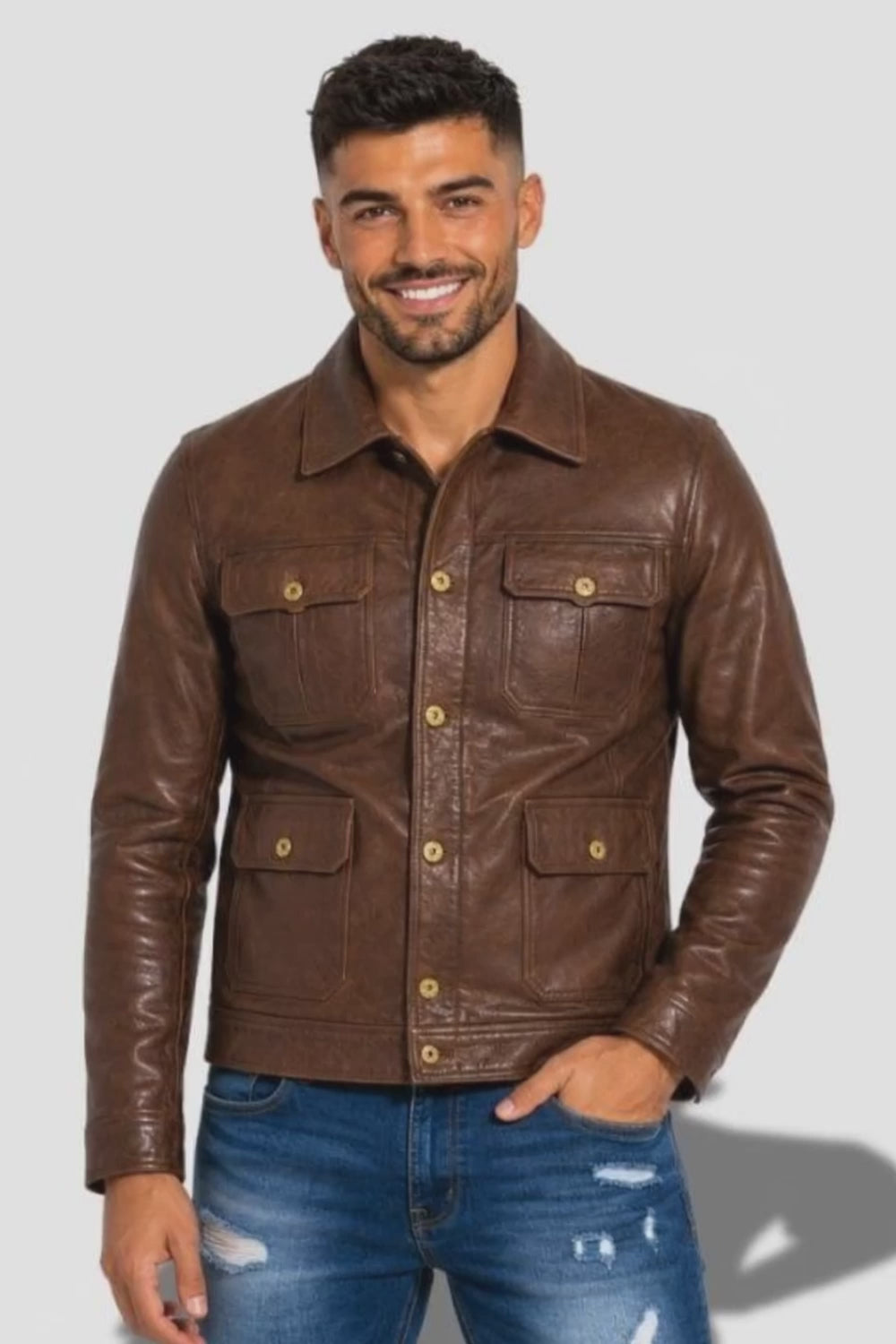 Veste en cuir marron pour homme a bouton style aviateur avec col chemise et en cuir de vavhette véritable