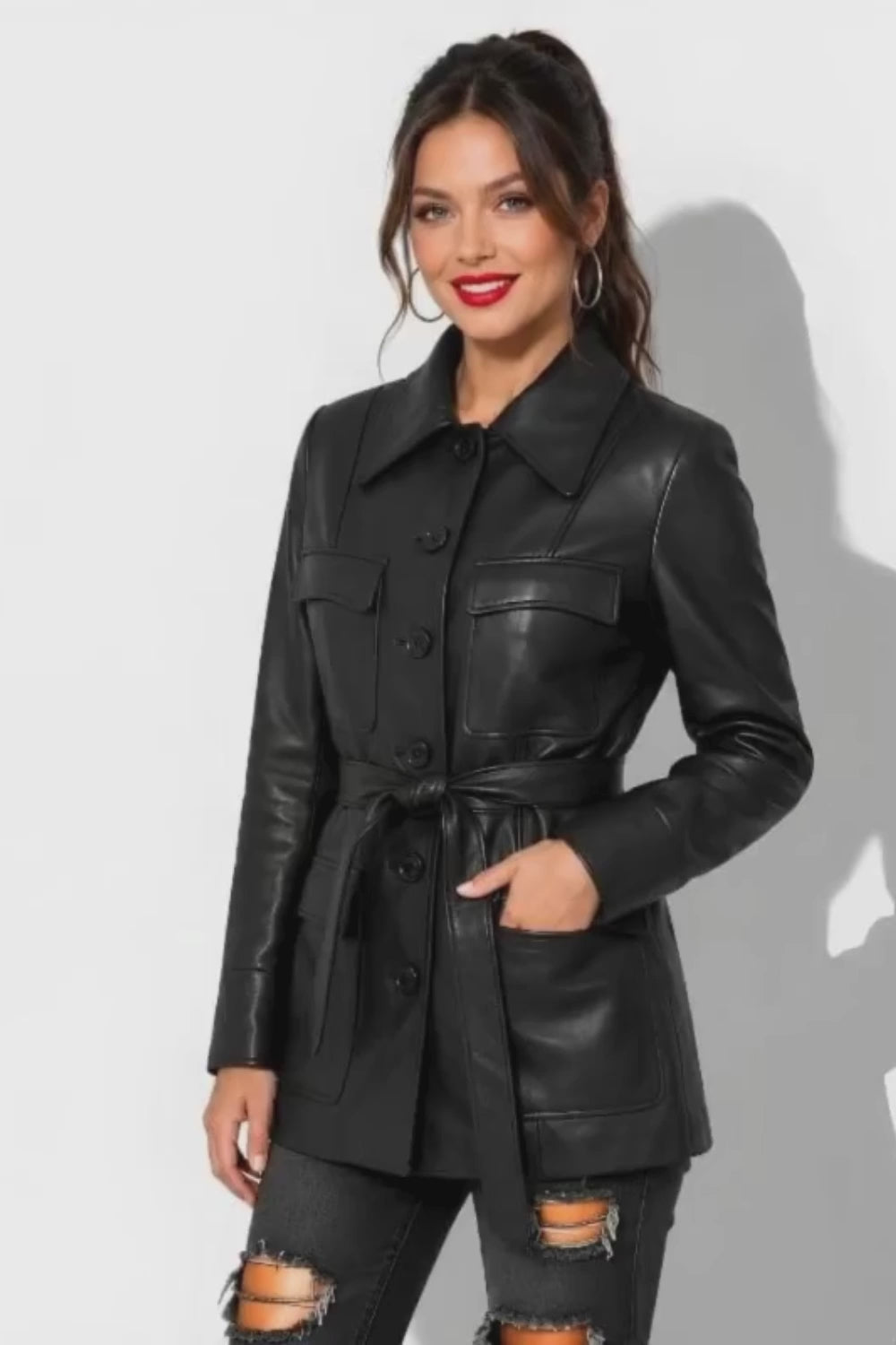 Veste en cuir longue pour femme ave ceinture en cuir d'agneau