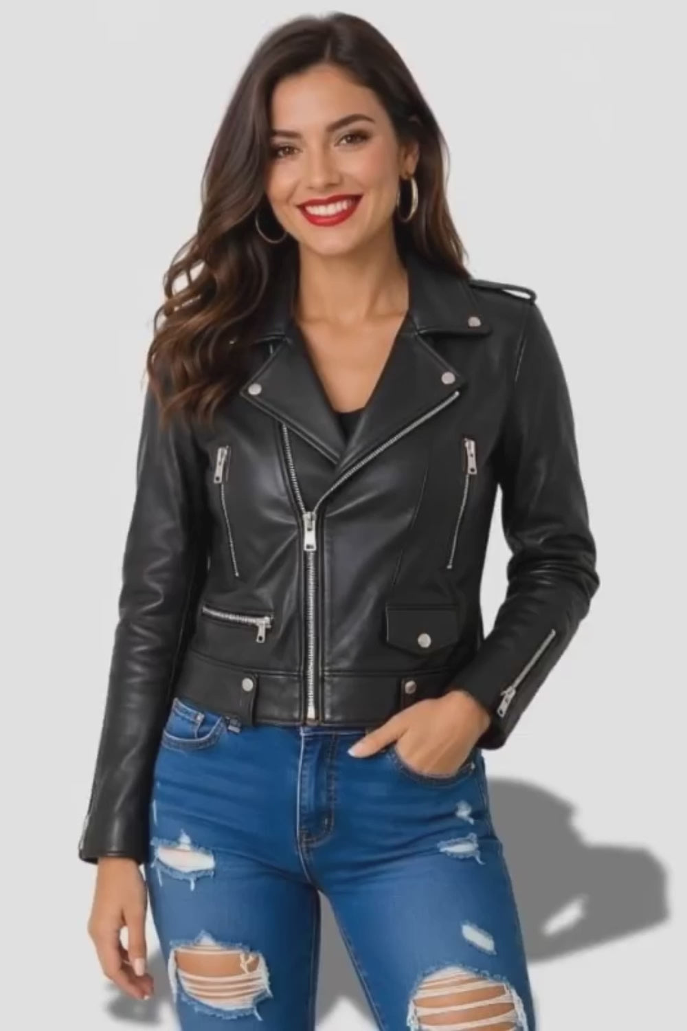 Veste en cuir noir pour femme style perfecto