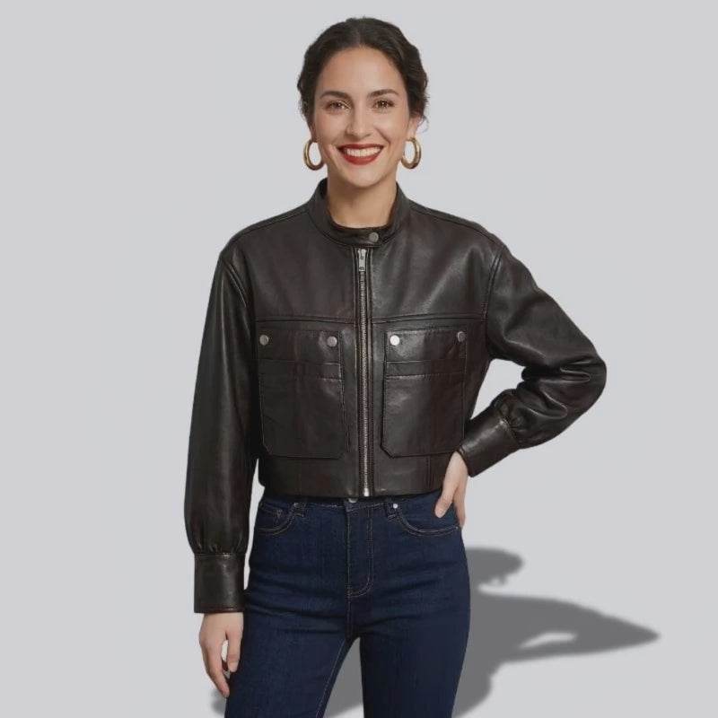 Veste en cuir veritable courte pour femme de couleur noir