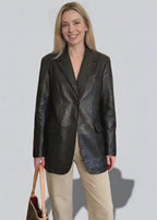 Veste en cuir longue pour femme style blazer en cuir véritable