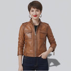 Veste en cuir femme marron rétro