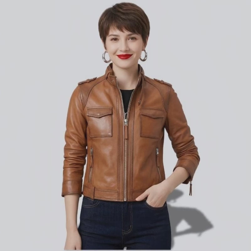 Veste en cuir femme marron rétro