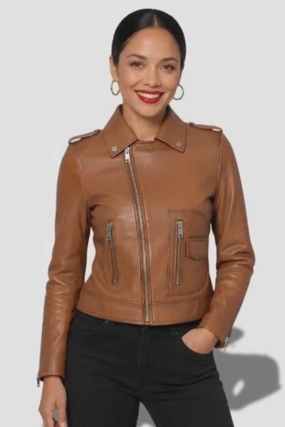 Veste en cuir marron clair pour femme avec col chemise en cuir d'agneau 