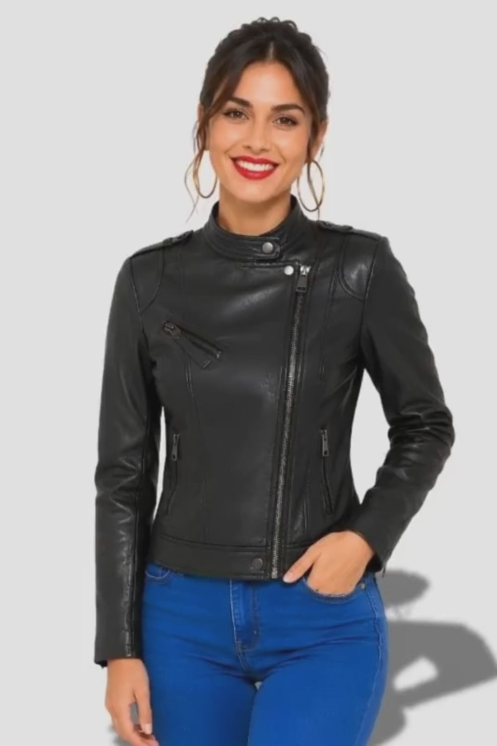 Veste femme en cuir style biker noir