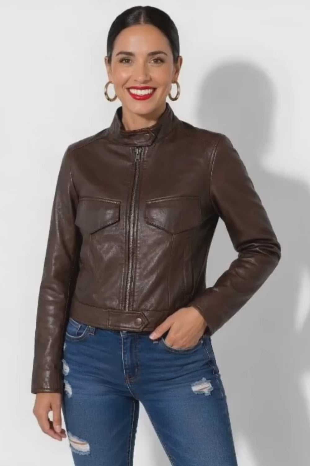 Veste en cuir marron foncé pour femme en cuir vritable d'agneau 