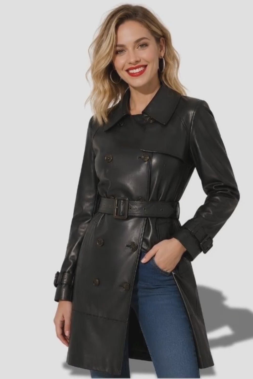 Veste en cuir noir longue pour femme en cuir d'agneau veritable