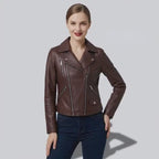 Veste pour femme en cuir marron style perfecto biker