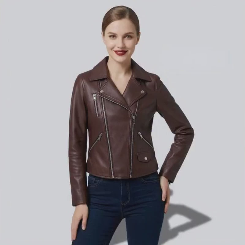 Veste pour femme en cuir marron style perfecto biker