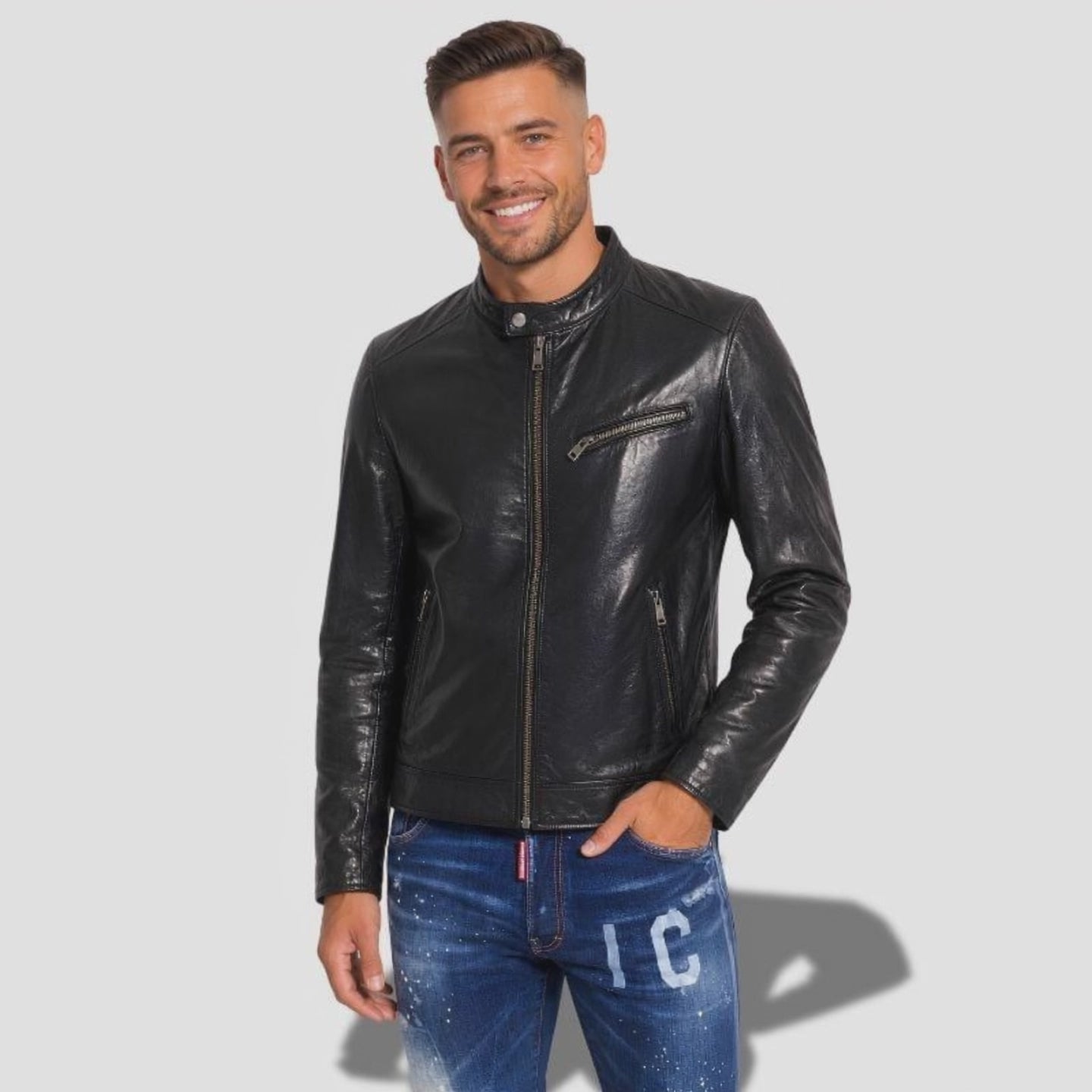 Veste en cuire noire pour homme en cuiré ciré a col rond