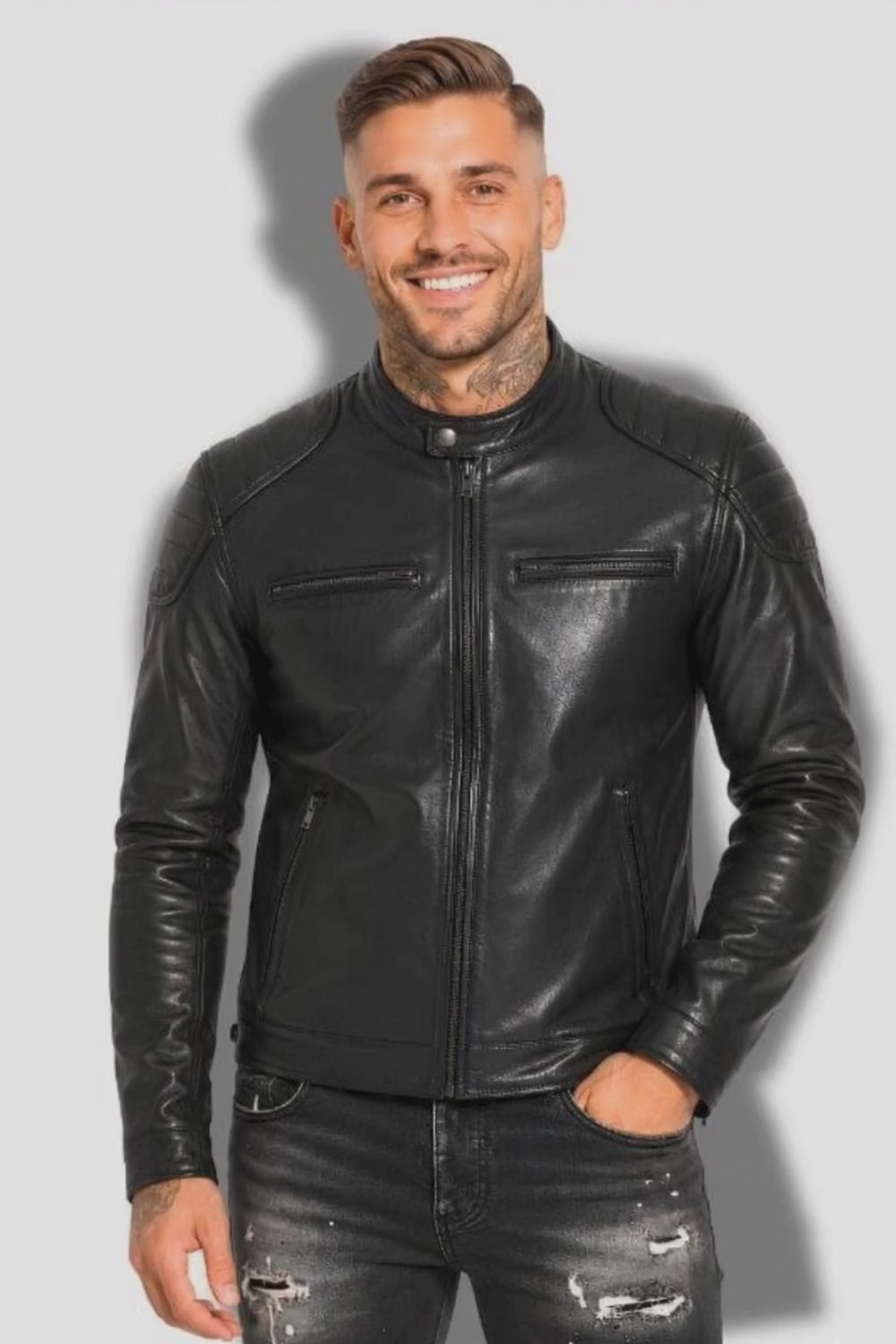 Veste en cuir homme noir style biker moto en cuir de vachette véritable avec épaules matelassés