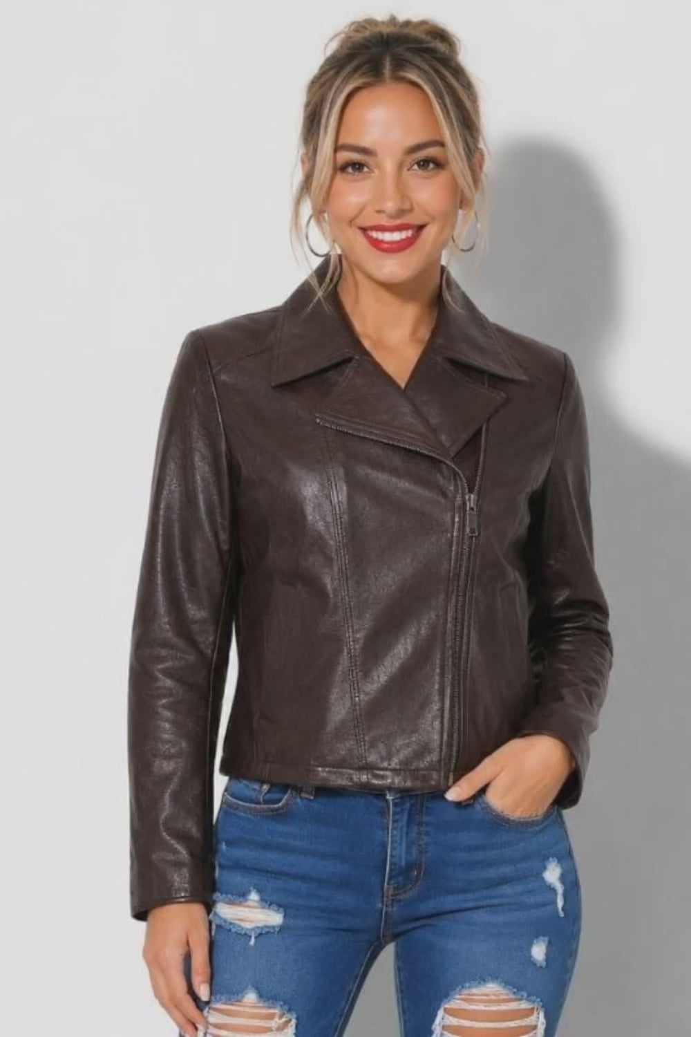 Veste en Simili Cuir Femme Marron Foncé très élégante